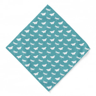 Teal and White Butterflies and Dragonflies Pattern Bandana
