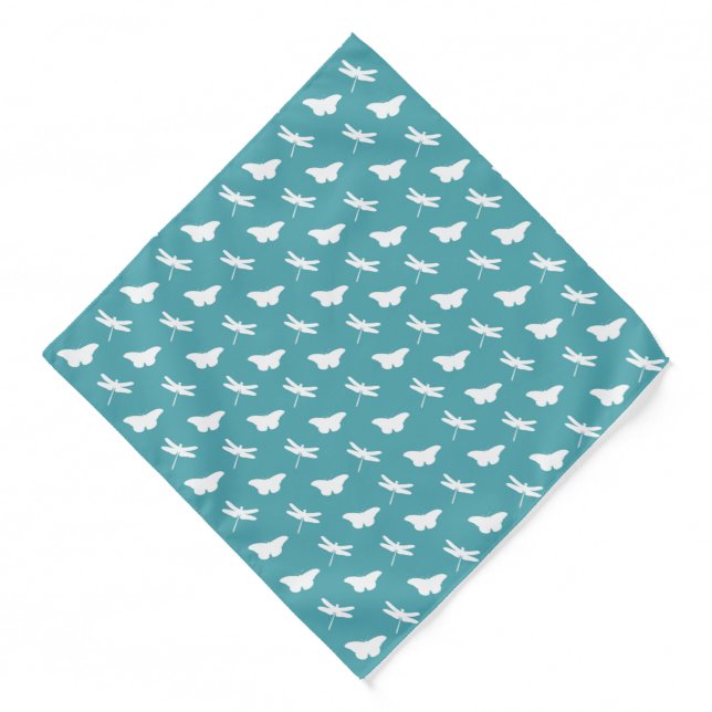 Teal and White Butterflies and Dragonflies Pattern Bandana (Front)