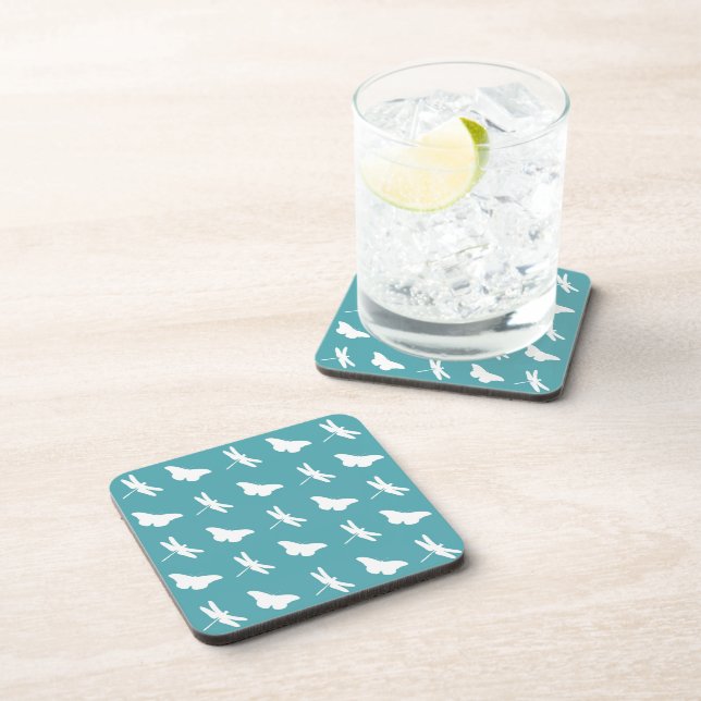 Teal and White Butterfly and Dragonfly Pattern Beverage Coaster (Right Side)