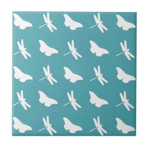 Teal and White Butterfly and Dragonfly Pattern Ceramic Tile