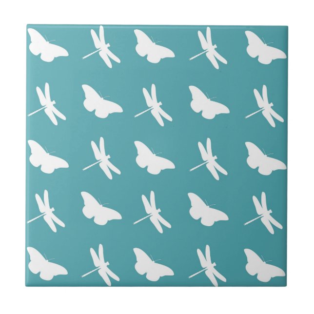 Teal and White Butterfly and Dragonfly Pattern Ceramic Tile (Front)