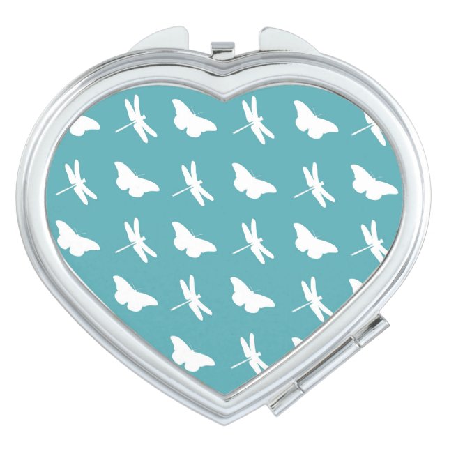 Teal and White Butterfly and Dragonfly Pattern Compact Mirror (Front)
