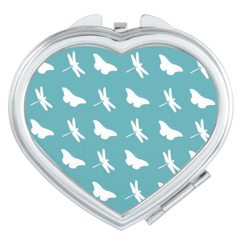Teal and White Butterfly and Dragonfly Pattern Compact Mirror
