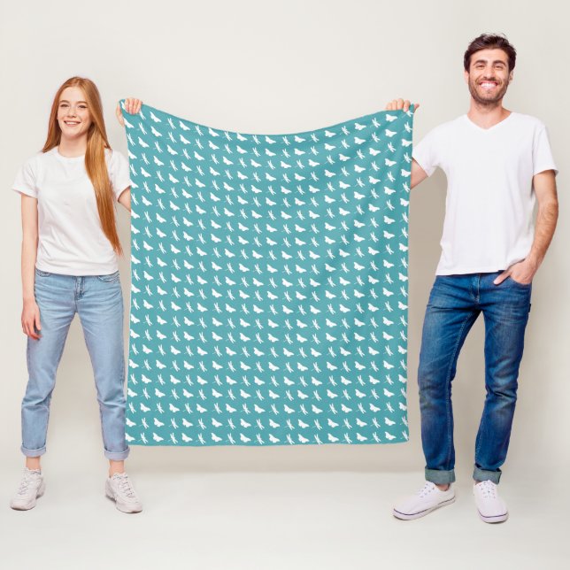 Teal and White Butterfly and Dragonfly Pattern Fleece Blanket (In Situ)