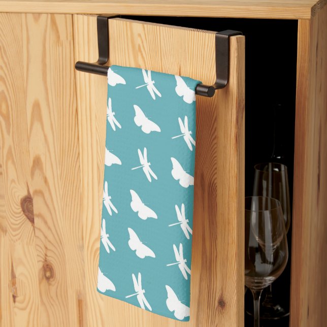 Teal and White Butterfly and Dragonfly Pattern Kitchen Towel (Thirds Fold)