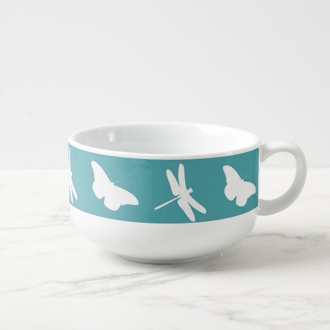 Teal and White Butterfly and Dragonfly Pattern Soup Mug (Left)