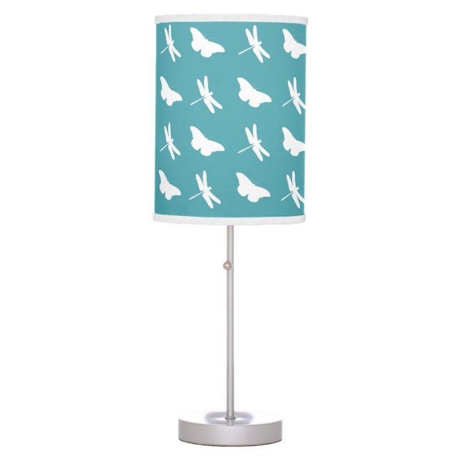 Teal and White Butterfly and Dragonfly Pattern Table Lamp (Front)