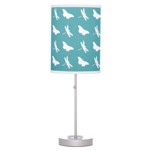 Teal and White Butterfly and Dragonfly Pattern Table Lamp