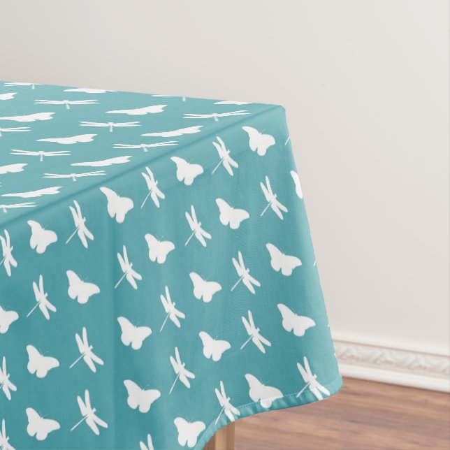 Teal and White Butterfly and Dragonfly Pattern Tablecloth (In Situ)