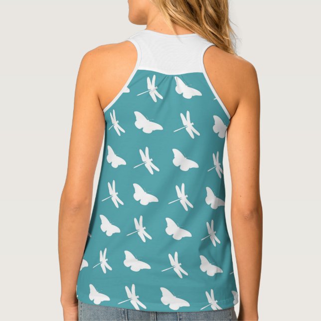 Teal and White Butterfly and Dragonfly Pattern Tank Top (Back)