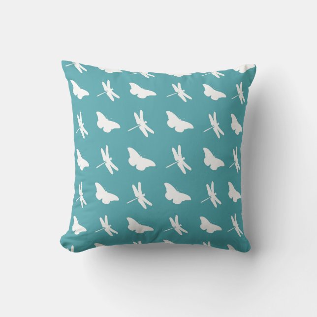 Teal and White Butterfly and Dragonfly Pattern Throw Pillow (Front)