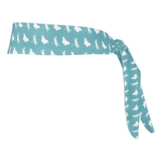 Teal and White Butterfly and Dragonfly Pattern Tie Headband (Rotate 90)