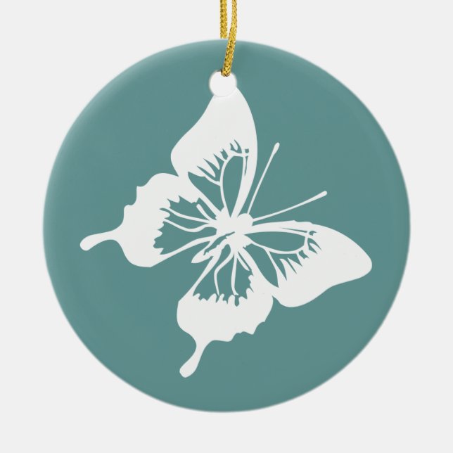 Teal and White Butterfly Ceramic Ornament (Front)