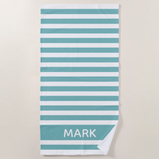 Teal And White Cabana  Stripe Personalized Beach Towel