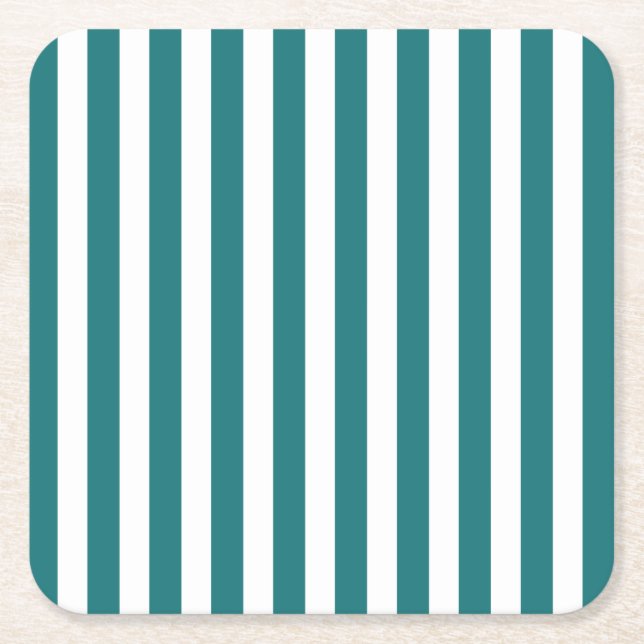 Teal and white candy stripes square paper coaster (Front)