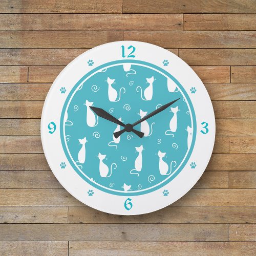 Teal and White Cats Pattern Large Clock