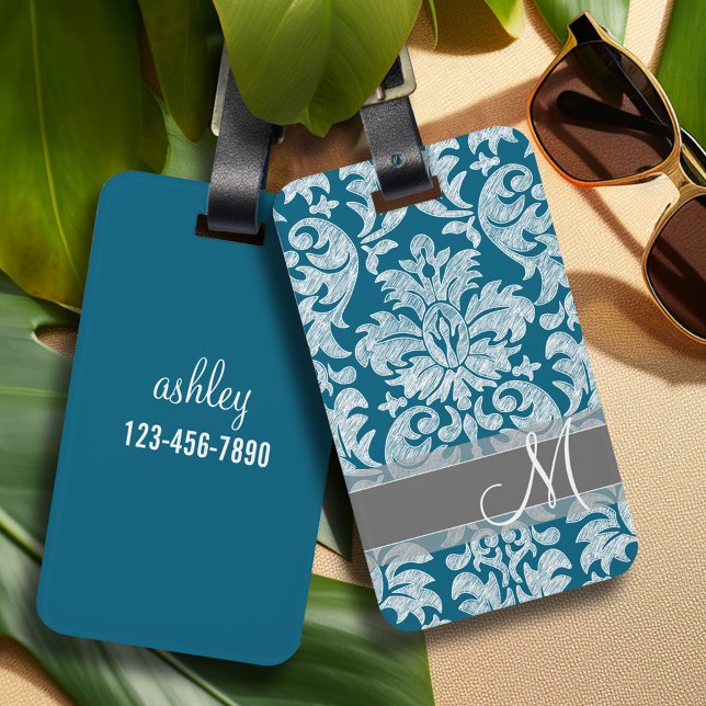 Teal and White Chalkboard Damask Pattern Luggage Tag (Personalized Luggage Tag)