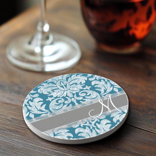 Teal and White Chalkboard Damask Pattern Sandstone Coaster (Sandstone Coaster)