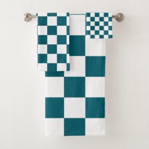 Teal and White Checkered Chess Retro Bath Towel Set