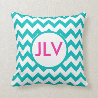 Teal and White Chevrons with Monogram Throw Pillow