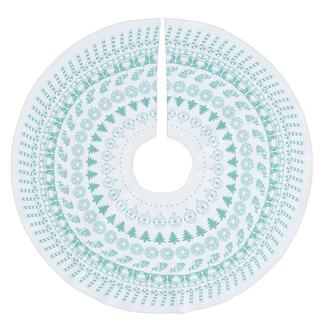Teal and White Circular Christmas Pattern Brushed Polyester Tree Skirt (Front)