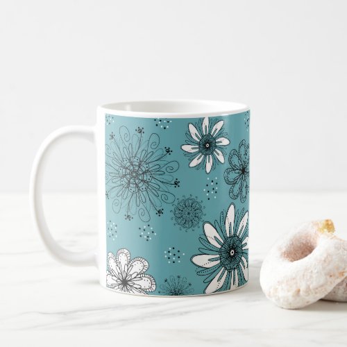 Teal and White Daisy Pen and Ink Illustration Coffee Mug