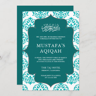 Teal and White Damask Islamic Aqiqah Ceremony Invitation