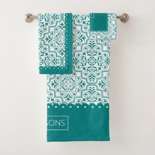 Teal and white damask pattern, scalloped borders bath towel set