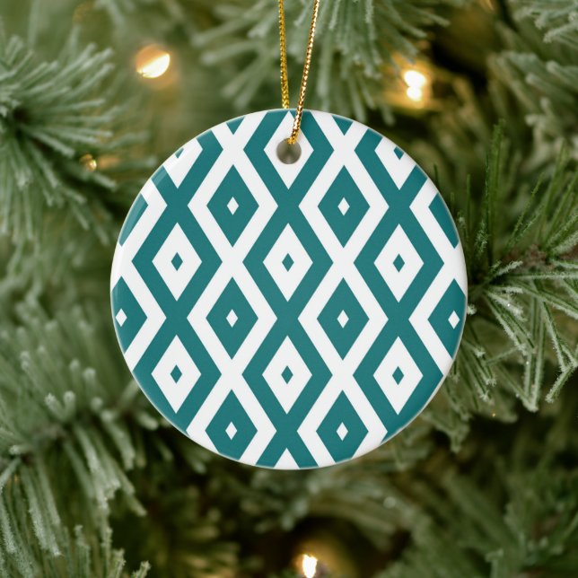 Teal and white diamond pattern ceramic ornament (Tree)