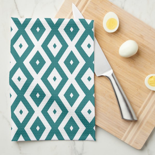 Teal and white diamond pattern kitchen towel (Quarter Fold)