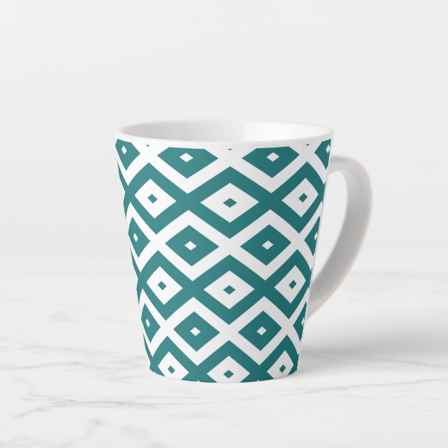Teal and white diamond pattern latte mug (Right Angle)