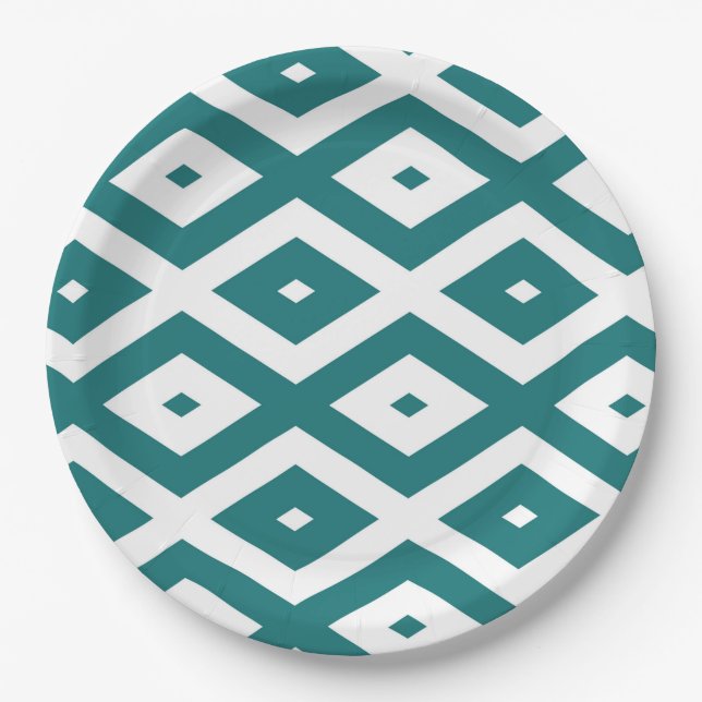 Teal and white diamond pattern paper plates (Front)