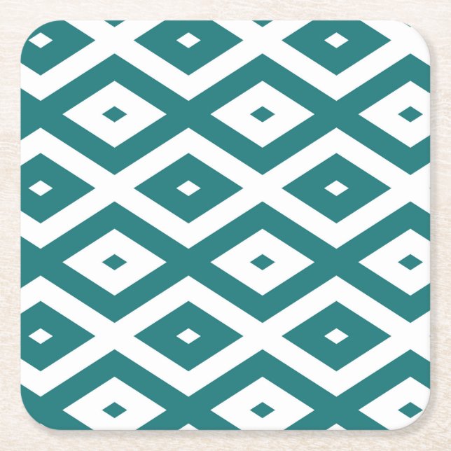 Teal and white diamond pattern square paper coaster (Front)
