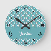 Teal and white diamond shape pattern round clock
