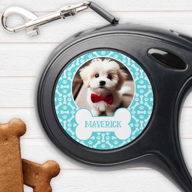 Teal And White Dog Bone Paw Pattern Pet Photo Retractable Pet Leash (Creator Uploaded)