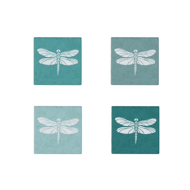 Teal and White Dragonflies Stone Magnet (Front)