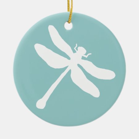 Teal And White Dragonfly Ceramic Ornament