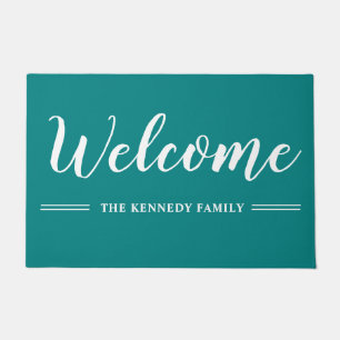 Teal And White Family Name Welcome Doormat
