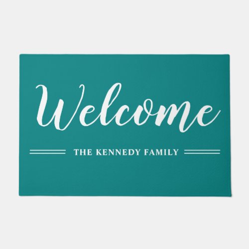 Teal And White Family Name Welcome   Doormat