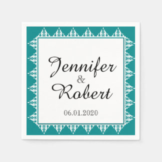 Teal and White Filigree Border Wedding Napkin