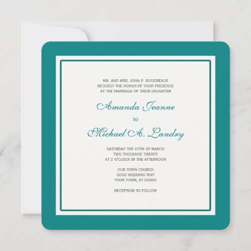 Teal and White Fleur de Lis Damask Formal Wedding Personalized Invitation