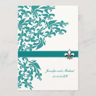 Teal and White Fleur de Lis Design Wedding Invite