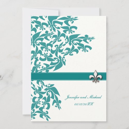 Teal and White Fleur de Lis Design Wedding Invite