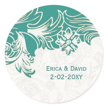 Teal and White Floral Spring Wedding Design Classic Round Sticker