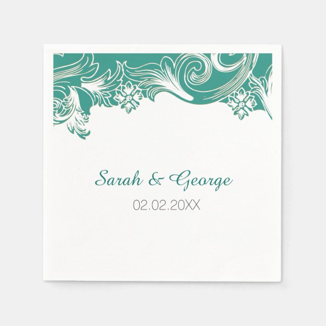 Teal and White Floral Spring Wedding Design Paper Napkins (Front)