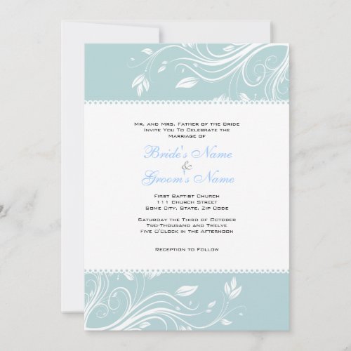 Teal and White Floral Swirls Wedding Invitation