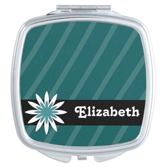 Teal and white flower monogram compact mirror (Front)