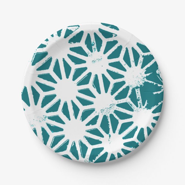 Teal and white geometric pattern paper plates (Front)