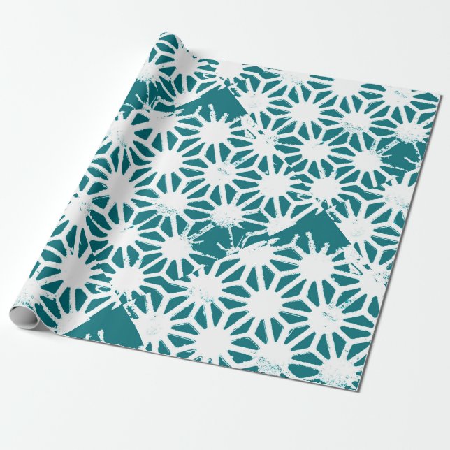 Teal and white geometric pattern wrapping paper (Unrolled)