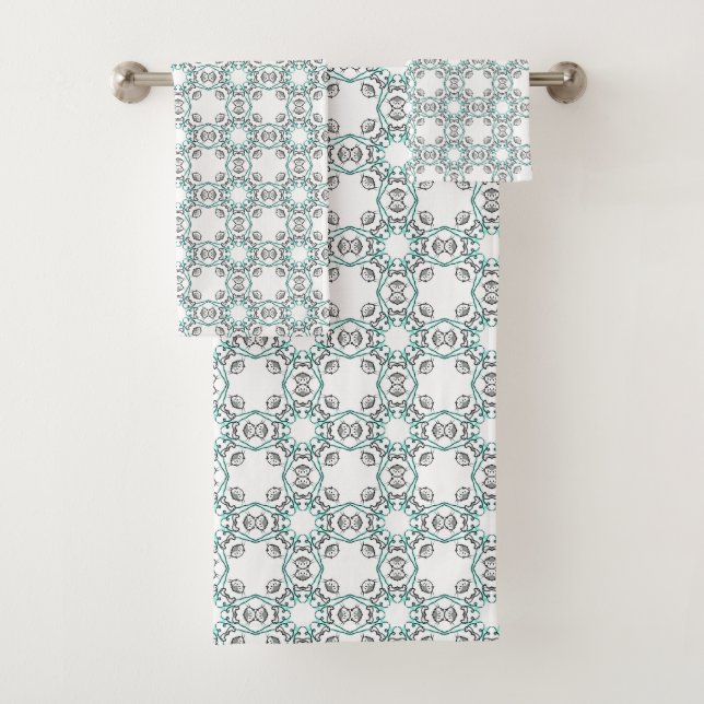 Teal and white geometric patterned  bath towel set (Insitu)